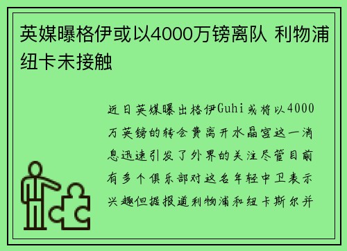 英媒曝格伊或以4000万镑离队 利物浦纽卡未接触