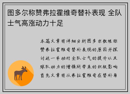 图多尔称赞弗拉霍维奇替补表现 全队士气高涨动力十足