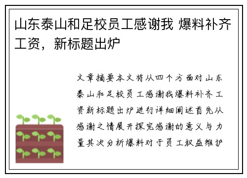 山东泰山和足校员工感谢我 爆料补齐工资，新标题出炉