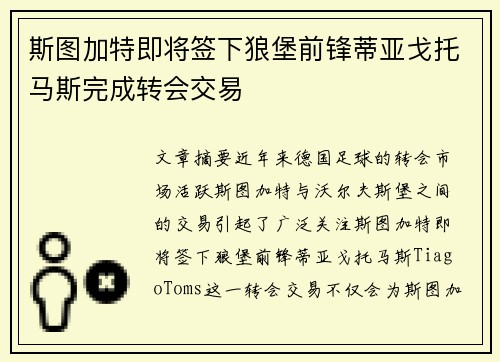 斯图加特即将签下狼堡前锋蒂亚戈托马斯完成转会交易