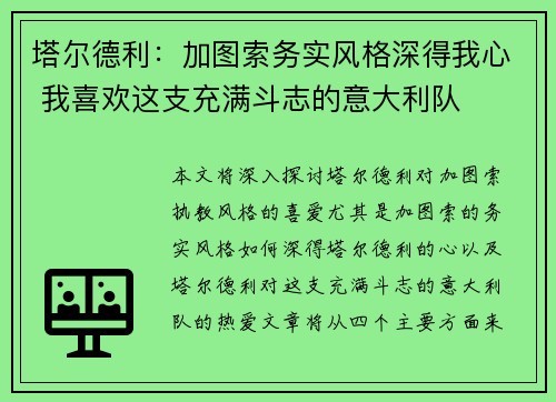 塔尔德利：加图索务实风格深得我心 我喜欢这支充满斗志的意大利队