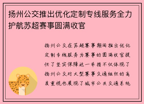 扬州公交推出优化定制专线服务全力护航苏超赛事圆满收官