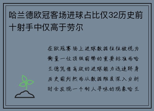 哈兰德欧冠客场进球占比仅32历史前十射手中仅高于劳尔